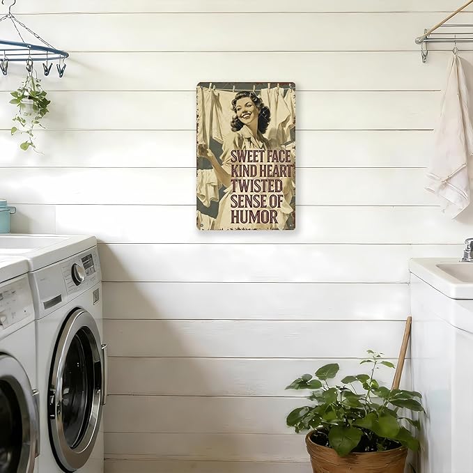 Laundry Room Wall Decor Sweet Face Kind Heart Twisted Sense Of Humor Metal Tin Sign Farmhouse Rustic Art Plaque Rustic Laundry Decor 16x12 Inch