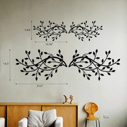 Meltset Metal Tree Leaf Wall Decor, Vine Olive Leaf Branch Wall Art, Black Metal Art, Wrought Iron Scroll Wall Decor, Decorative Wall Sculpture Above Bed, Living Room,Bathroom,Indoor Outdoor(L/Black)