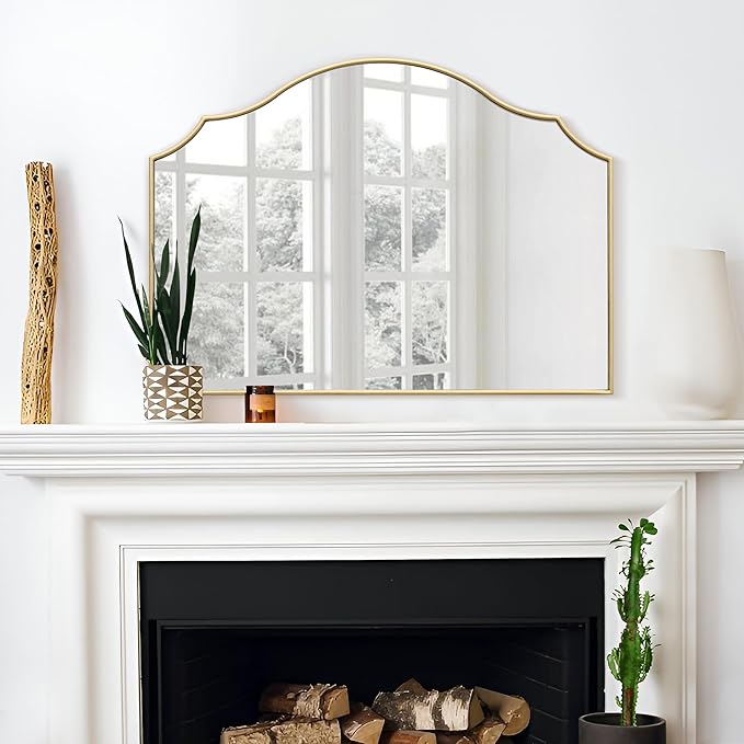 Besdomus Gold Scalloped Mirror for Dresser: 35"x26" Modern Wooden Mantel Mirror - Minimalist Decorative Wall for Vanity/Bedroom/Fireplace/Entryway - Ideal for 20-44 Age Fashion Women