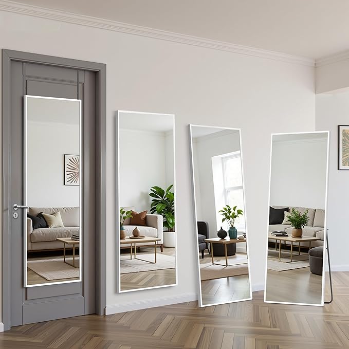 Suidia Full Length Mirror Over the Door&Wall Mounted, 48"x14" Door Mirror with Aluminum Alloy Frame, HD Shatterproof, No-Drill, Hanging Mirrors for Bedroom, Bathroom, Dorm, Closet, Rect, White