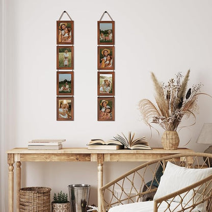 Lavezee 4x6 Hanging Collage Picture Frames Set of 2, 8 Opening Vertical Frame for Wall Mounting, Walnut Brown