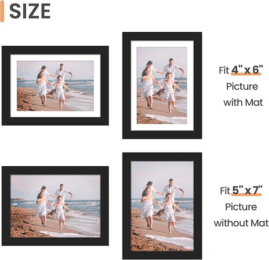 upsimples 5x7 Picture Frame Set of 3, Made of High Definition Glass for 4x6 with Mat or 5x7 Without Mat, Wall and Tabletop Display Photo Frames, Black