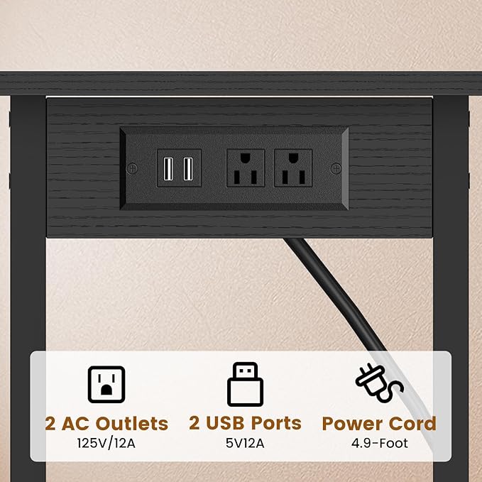 Asgolion Tall End Table with Charging Station, Skinny Nightstand with USB Ports and Outlets, 3 Tier Narrow Side Table with Storage for Bedroom, Living Room, Office, Black