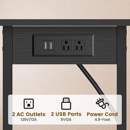Asgolion Tall End Table with Charging Station, Skinny Nightstand with USB Ports and Outlets, 3 Tier Narrow Side Table with Storage for Bedroom, Living Room, Office, Black