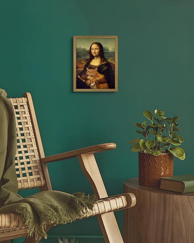 Funny Mona Lisa Cat Wall Art, Vintage Renaissance Mona Lisa Holding Orange Tabby Cat Canvas Print, Classic Abstract Art Painting Poster for Bathroom Living Room Bedroom Home Decor 8x10 Inch Framed