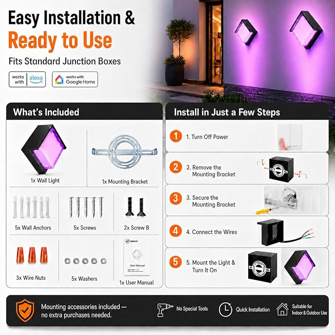 Meevt Smart Outdoor Wall Lights, 1200LM RGBCW Porch Lights, IP65 Waterproof Exterior Wall Sconce, Work with Alexa & Google Assistant, App & Remote Control Wall Lights for Patio, Garage, Square, 1 Pack