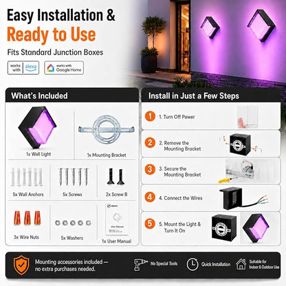 Meevt Smart Outdoor Wall Lights, 1200LM RGBCW Porch Lights, IP65 Waterproof Exterior Wall Sconce, Work with Alexa & Google Assistant, App & Remote Control Wall Lights for Patio, Garage, Square, 1 Pack