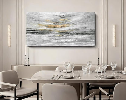 Nicetop Large 48x24 Inch Black White Gold Abstract Canvas Wall Art, Modern Coastal Ocean Art, Minimalist Wall Decor Ready to Hang for Living Room Bedroom Bathroom Office
