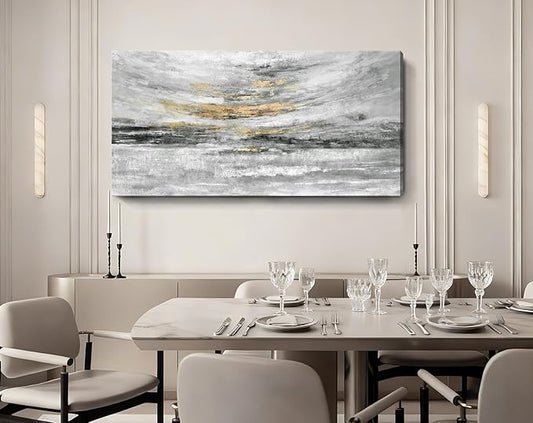 Nicetop Large 48x24 Inch Black White Gold Abstract Canvas Wall Art, Modern Coastal Ocean Art, Minimalist Wall Decor Ready to Hang for Living Room Bedroom Bathroom Office