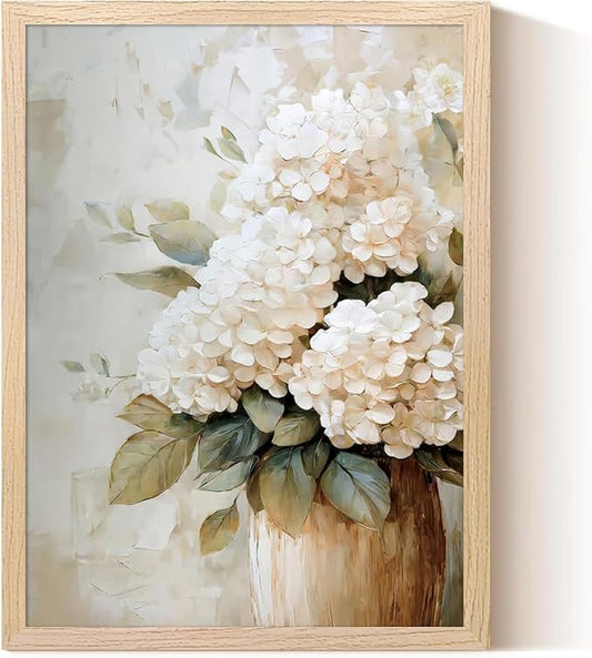 Framed Hydrangea Wall Art, White Floral Botanical Wall Decor Pictures, Vintage Flower Canvas Prints Paintings Farmhouse Aesthetic Home Decor for Living Room Bedroom Bathroom Kitchen 8x10 inch