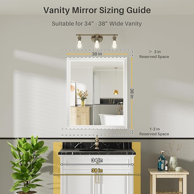 36x30 Inch White Bathroom Mirror for Wall, Thick Metal Framed Rectangle Mirrors for Over Sink, Bedroom, Living Room, Entryway, Anti-Rust, HD Tempered Glass