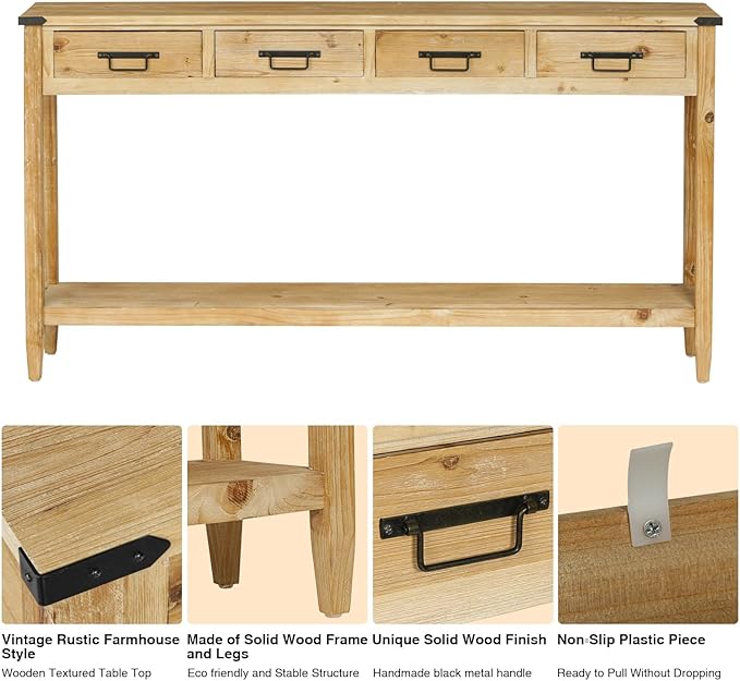 RUSTOWN Farmhouse Console Table with 4 Drawer, 60" Long Rustic Entryway Table with Open Storage Shelves and Handmade Metal Handle, Narrow Foyer Sofa Table for Living Room, Entryway, Hallway(Natural)