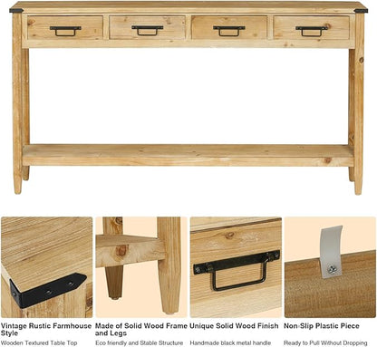 RUSTOWN Farmhouse Console Table with 4 Drawer, 60" Long Rustic Entryway Table with Open Storage Shelves and Handmade Metal Handle, Narrow Foyer Sofa Table for Living Room, Entryway, Hallway(Natural)