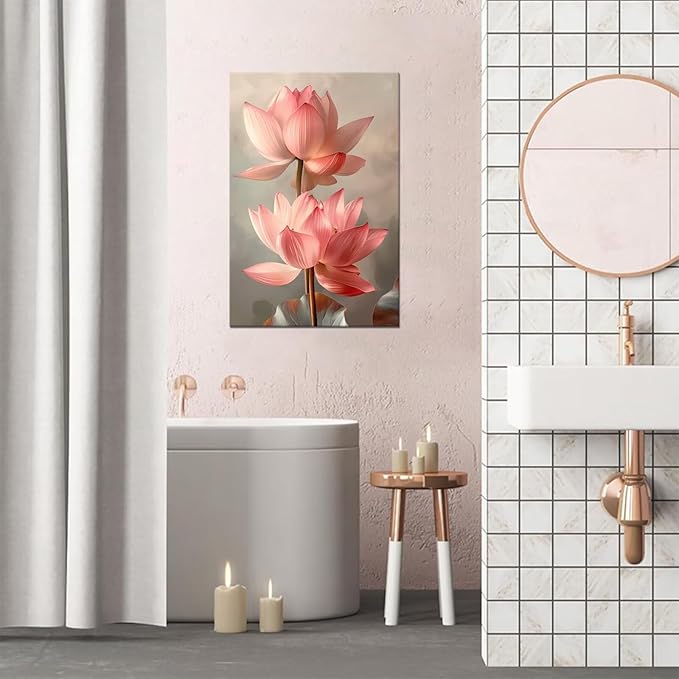 Lotus Wall Art Flowers Pictures Pink Bathroom Decor Modern Spring Floral Paintings Canvas Prints Artwork for Living Room Bedroom Home Decoration Framed