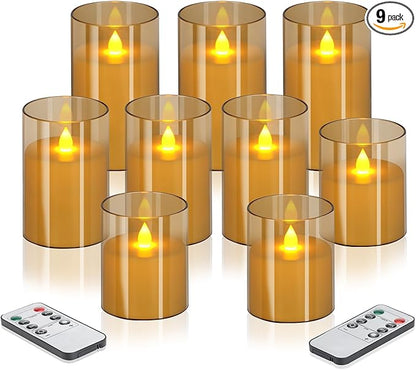 wemarry Flameless Candles 4" 5" 6" Acrylic Glass Pillars 3" Diameter Battery Operated Flickering Candles Include 8-Key Remote with Timer Function 400+ Hours (Gray, Warm Light 9 Pack)