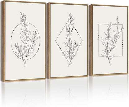 Drsoum Minimalist Flower Wall Art Vintage Wall Hanging Decor Black Line Botanical Prints Artwork for Office Dining Room Hallway 11x14in Natural Framed