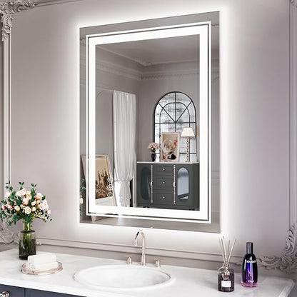 Snowdool 20x28 LED Bathroom Mirror with Lights, Front and Backlit, Anti-Fog Lighted Vanity Mirror, Stepless Dimmable, 3 Colors LED Mirror, Memory Function, Tempered Glass (Horizontal/Vertical)
