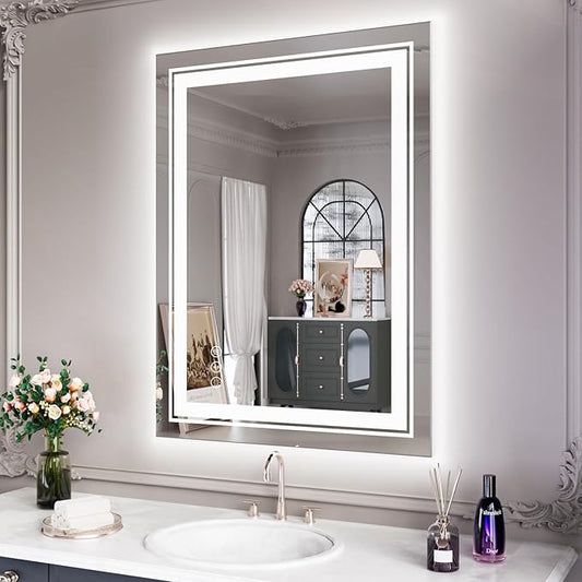 Snowdool 20x28 LED Bathroom Mirror with Lights, Front and Backlit, Anti-Fog Lighted Vanity Mirror, Stepless Dimmable, 3 Colors LED Mirror, Memory Function, Tempered Glass (Horizontal/Vertical)