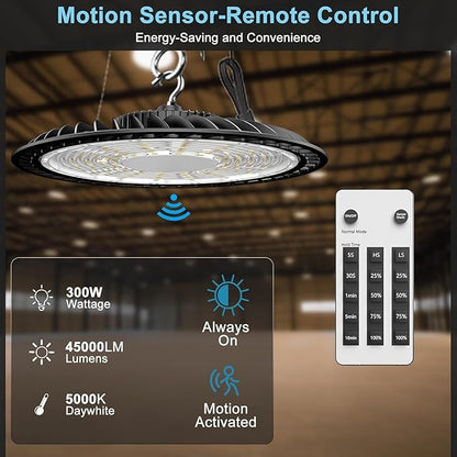 Lightdot 300W Smart LED High Bay Light 45000lm 5000K High Bay LED Shop Lights AC100-277V UFO High Bay Shop Lights with Remote Control Supports Normal Mode & Motion Mode-6Pack