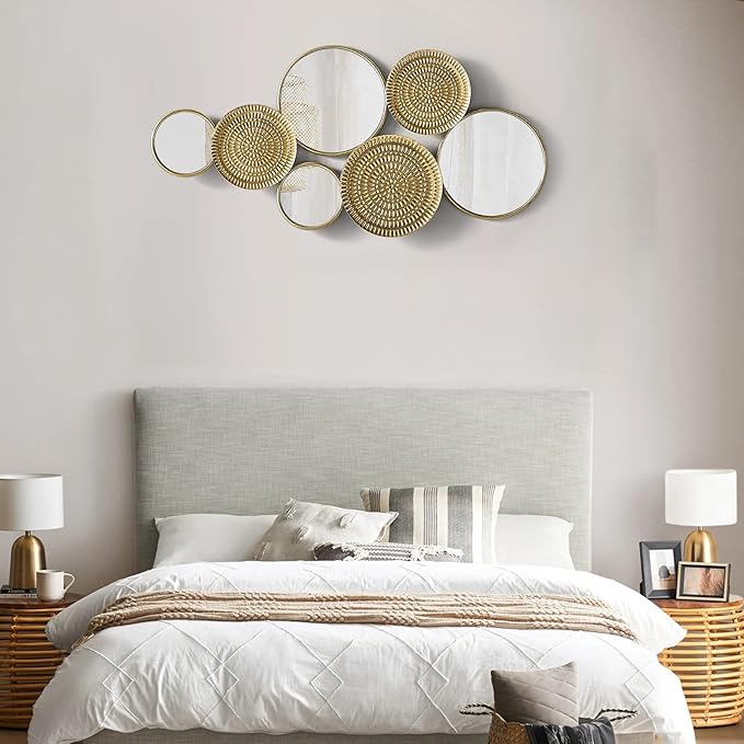Oakrain Home Decor Metal Wall Decor with Multi Circle Plates Mirror, Large Modern Wall Art Sculpture Decor for Living Room, Office, Bedroom, 43.3 X 1.9 X 20.9 Inches, Gold