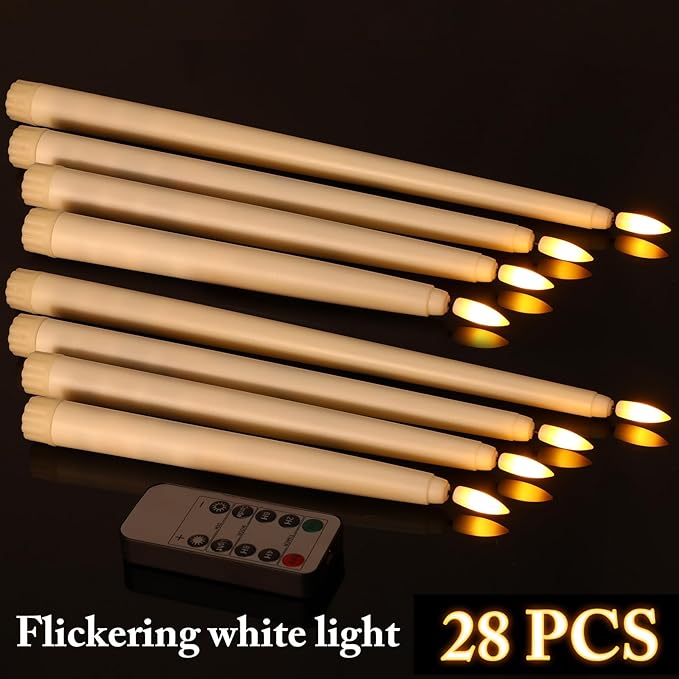 Rossesay 28 Pcs Flameless Taper Candles with Timer Remote 4 Sizes of 8.5", 9.6", 10.83", 12.8" LED Flickering Taper Candles Battery Operated for Valentine's Day Church Wedding Home Decor(Warm White)