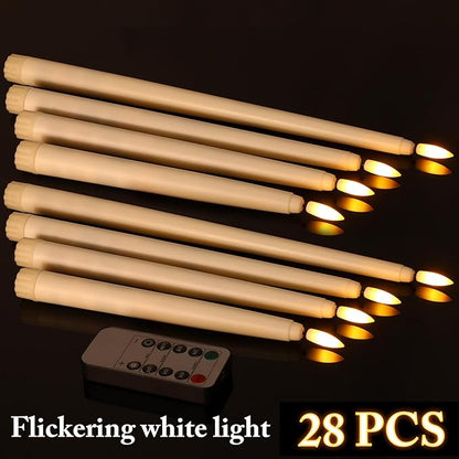 Rossesay 28 Pcs Flameless Taper Candles with Timer Remote 4 Sizes of 8.5", 9.6", 10.83", 12.8" LED Flickering Taper Candles Battery Operated for Valentine's Day Church Wedding Home Decor(Warm White)