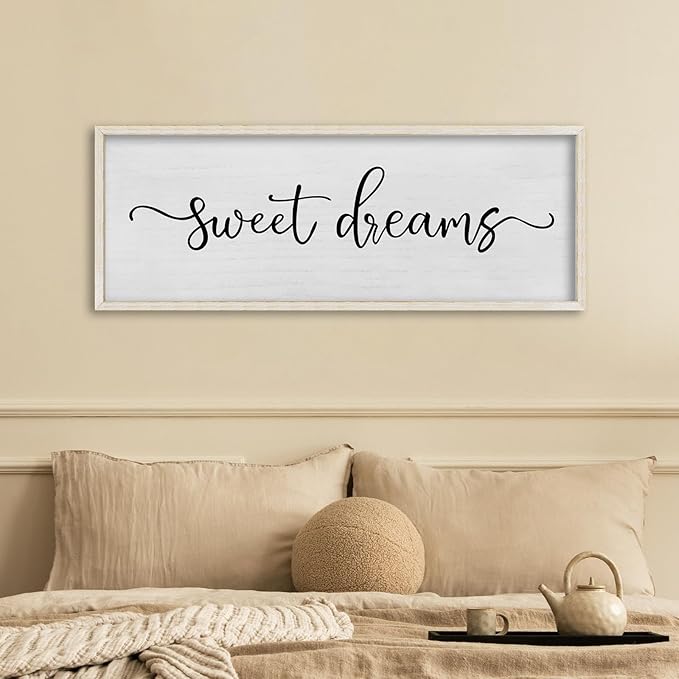 FZMHASLWW Bedroom Above Bed Wall Decor Sweet Dreams Sign 32"×12" Cozy Quote for Over Bed Farmhouse Large Rustic Minimalist Couples Horizontal Wall Hanging Decoration (White)