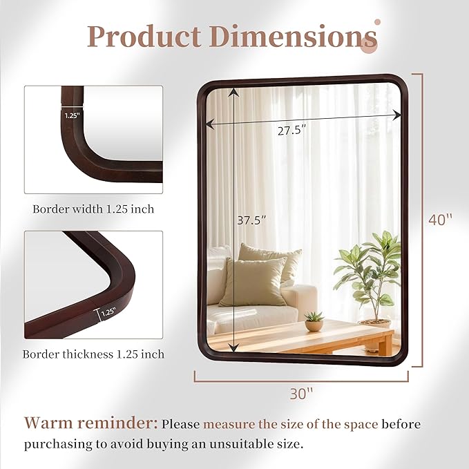 Bathroom Mirror for Wall,Wood Rectangle 30 x 40 inch Hanging Vatiny Tempered Dark Walnut Mirrors with Rounded Corner for Living Room,Bedroom,Entryway
