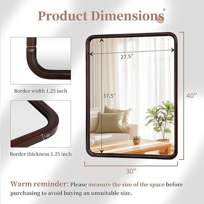 Bathroom Mirror for Wall,Wood Rectangle 30 x 40 inch Hanging Vatiny Tempered Dark Walnut Mirrors with Rounded Corner for Living Room,Bedroom,Entryway