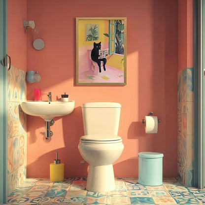 Cyebmo Funny Bathroom Wall Art, Cute Black Cat Sitting on Toilet Reading Newspaper Wall Decor, Whimsical Pink Abstract Animal Canvas Artwork for Bathroom Kid's Restroom Bedroom Wood Framed 16x24 Inch