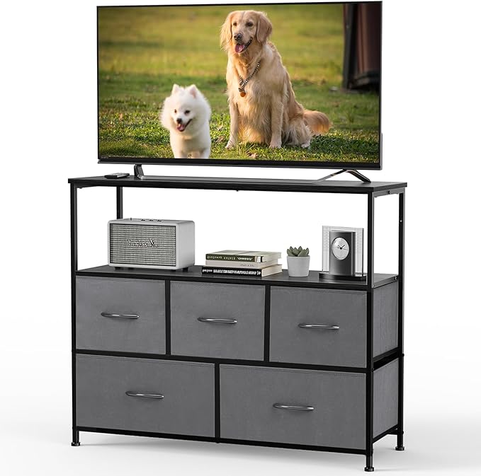 DUMOS TV Stand, Dresser with 5 Fabric Storage Drawers, Media Console Featuring Open Shelf for TV, Compact Entertainment Unit for Bedroom, Living Space, or Dorm Organization, Grey