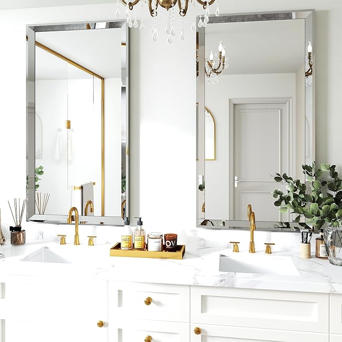 Chende 27"x56" Large Bathroom Mirror for Wall, Elegant Decorative Wall Mirror with Angled Stainless Steel Frame, Unique Vertical/Horizontal Mirror for Living Room, Home Office, Entryway Decor