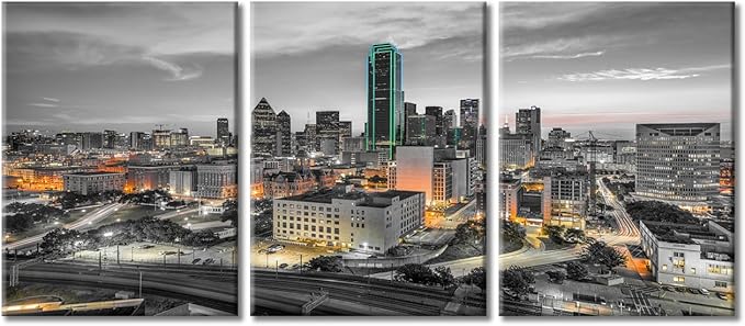 TUMOVO Dallas Texas USA Downtown Skyline Modern Home Decor 3 Panels Skyscrapers Nighttime Lightscape Pictures Canvas Wall Art for Bedroom, Living Room, Office. Ready to Hang (36" Wx16 H)