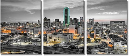 TUMOVO Dallas Texas USA Downtown Skyline Modern Home Decor 3 Panels Skyscrapers Nighttime Lightscape Pictures Canvas Wall Art for Bedroom, Living Room, Office. Ready to Hang (36" Wx16 H)