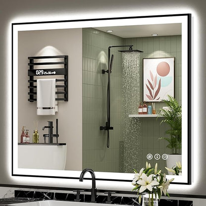 48x40 Black Framed LED Bathroom Mirror with Lights, Backlit and Front Lit Anti-Fog Lighted Vanity Mirrors for Bathroom Wall, Dimmable, 3 Colors, Memory, HD Tempered Glass, Horizontal/Vertical