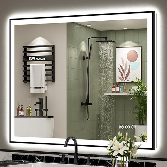 48x40 Black Framed LED Bathroom Mirror with Lights, Backlit and Front Lit Anti-Fog Lighted Vanity Mirrors for Bathroom Wall, Dimmable, 3 Colors, Memory, HD Tempered Glass, Horizontal/Vertical