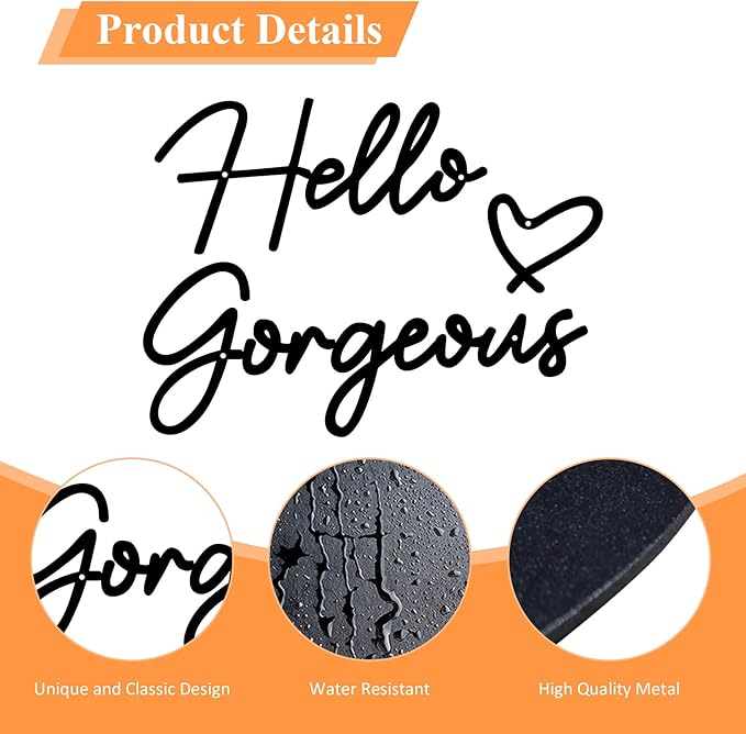 Hello Gorgeous Metal Wall Art Decor Minimalist Metal Words Hello Gorgeous Sign Farmhouse Decor for Home Bathroom Vanity or Makeup Room Living Room Bedroom Office Hotel Wall Decoration (Black)