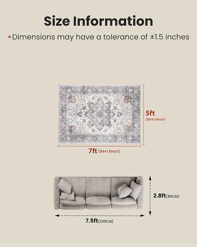AMADA HOMEFURNISHING 5x7 Area Rugs, Washable Living Room Rug Low-Profile with Non-Slip Backing & Durable Edge Binding, Vintage 5x7 Rugs for Living Room, Bedroom, Dinning Room