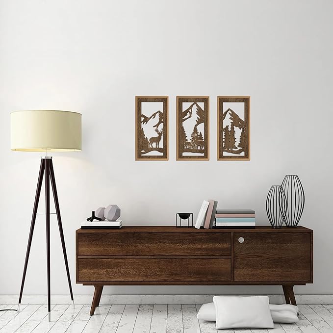 HPNIUB 3PCS Jungle Animals Wall Decor,Rustic Mountain Forest Wooden Sign for Living Room,Vintage Abstract Deer Pine Trees Hanging Wood Plaque Wall Art Nature Wall Sculpture for Home Office(8x16Inch)