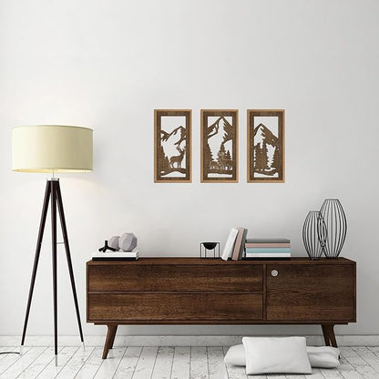 HPNIUB 3PCS Jungle Animals Wall Decor,Rustic Mountain Forest Wooden Sign for Living Room,Vintage Abstract Deer Pine Trees Hanging Wood Plaque Wall Art Nature Wall Sculpture for Home Office(8x16Inch)