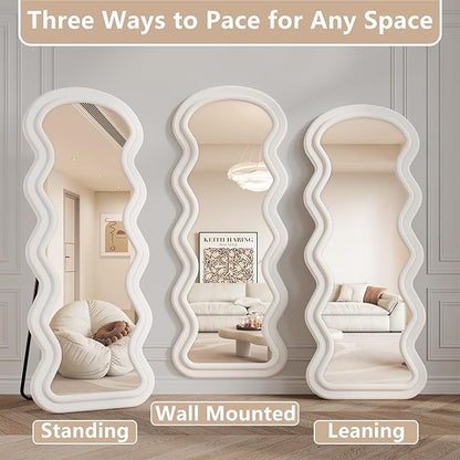 Wavy Full Length Mirror, 71"x32" Flannel Mirrors Full Length with Stand, Full Boby Mirrors for Bedroom, Living Room, Cloakroom, Hanging Leaning Wall Mirror, White