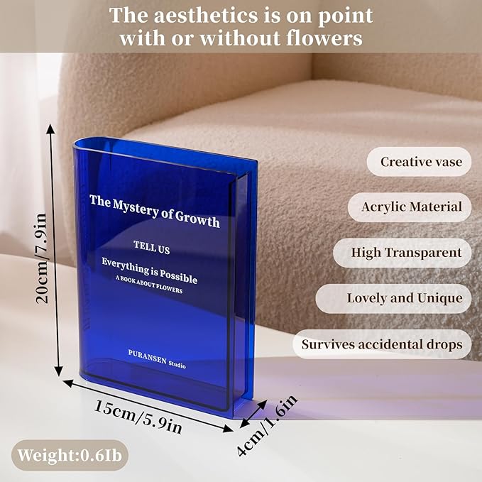Puransen Blue Book-Shaped Vase for Flowers - Aesthetic Room Decor for Modern Home/Office, Minimalist Shelf Organizer with Floral Display, for Book Lovers & Interior Design Enthusiasts