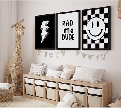 Boys Room Wall Art Decor Toddler Nursery Canvas Wall Art Baby Kids Wall Decor Black Checkered Smiley Poster Pictures Retro Playroom Rad Little Dud Art Prints for Bedroom 16x24x3 Inch Wood Framed