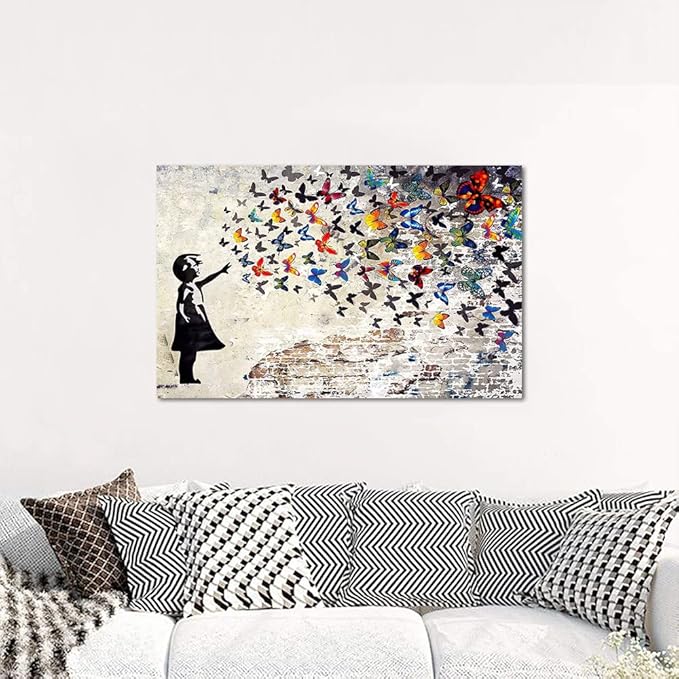 Colorful Graffiti Street Canvas Wall Art Funny Butterfly Banksy Street Art Mural Pop Art Modern Home Office Wall Decor Framed Canvas Wall Art Decor for Study Room Walls Easy to Hang - 28x44inch