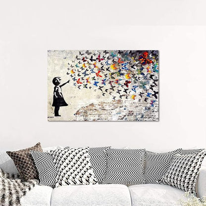 Colorful Graffiti Street Canvas Wall Art Funny Butterfly Banksy Street Art Mural Pop Art Modern Home Office Wall Decor Framed Canvas Wall Art Decor for Study Room Walls Easy to Hang - 28x44inch