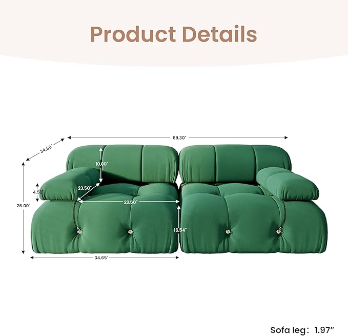 69'' Modular Green Sectional Sofa, Modern Luxury Velvet Loveseat Sofa, Minimalist Bubble Couch, Deep Seat Cloud Sectional Couches for Living Room, Apartment (2 Seats, Green)