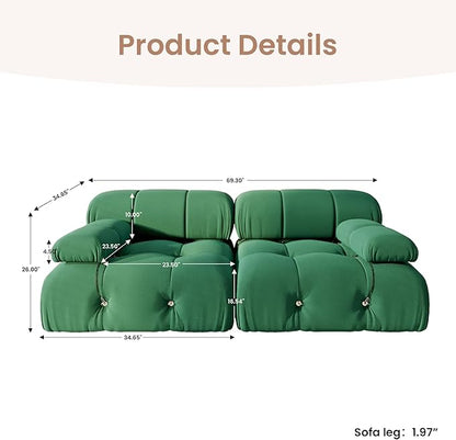 69'' Modular Green Sectional Sofa, Modern Luxury Velvet Loveseat Sofa, Minimalist Bubble Couch, Deep Seat Cloud Sectional Couches for Living Room, Apartment (2 Seats, Green)