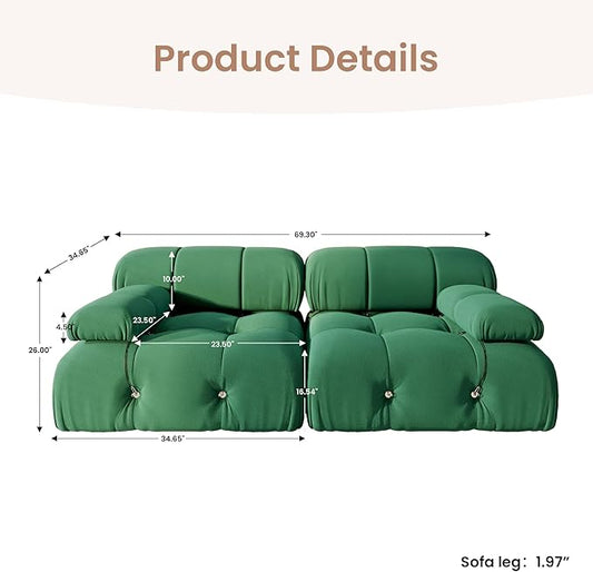 69'' Modular Green Sectional Sofa, Modern Luxury Velvet Loveseat Sofa, Minimalist Bubble Couch, Deep Seat Cloud Sectional Couches for Living Room, Apartment (2 Seats, Green)