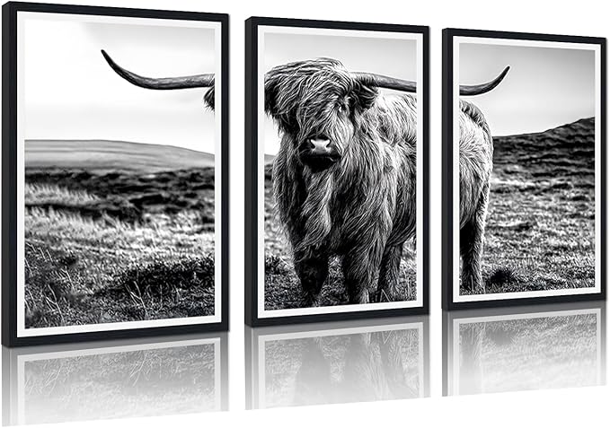 Vintage Scottish Cow Canvas Wall Art Rustic Art Highland Cow Poster Wall Decor Black and White Farm Animal Cow Artwork for Apartment Living Room Bedroom Country Decoration 24x36inchx3pcs