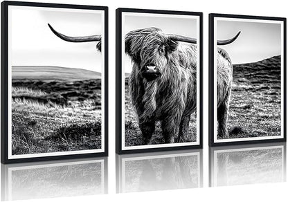 Vintage Scottish Cow Canvas Wall Art Rustic Art Highland Cow Poster Wall Decor Black and White Farm Animal Cow Artwork for Apartment Living Room Bedroom Country Decoration 24x36inchx3pcs